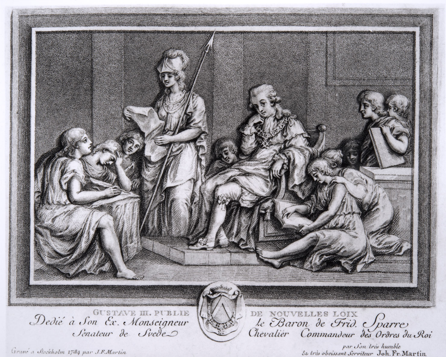 Gustav III stiftar lagar. Johan Fredrik Martins punktgravyr från 1784. Kung Gustav III, som tog regeringsmakten i Sverige 1772, gjorde slut på ständernas långvariga makt genom sin nya regeringsform. Regenten som stärkte monarkin visade också stort intresse för Finlands utveckling.